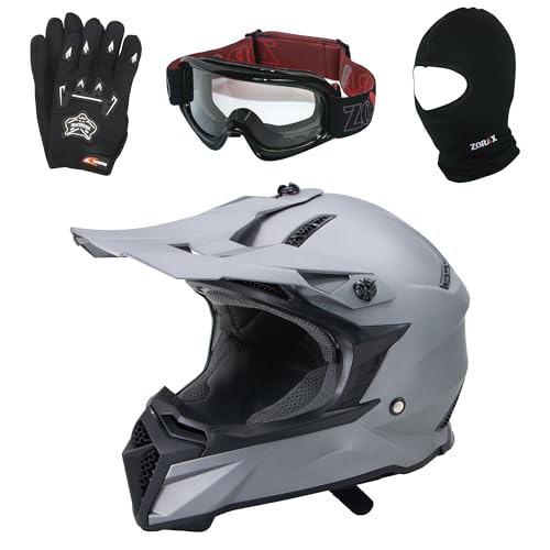 Zorax ZOR-X309 Grey S (55-56cm) Motocross Helmet & Gloves S(8cm) & Goggles & Balaclava ECE Approved