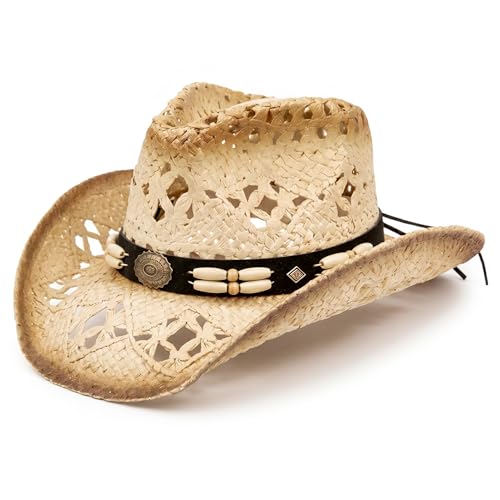 Image of TOVOSO Straw Cowboy Hat for Women and Men with Shape-It Brim, Western Cowboy Hat, Orange /Beads - Tea Stain