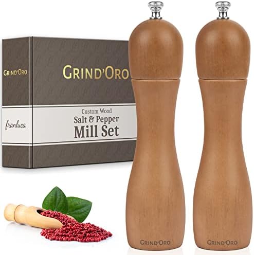 Grind'Oro Wood Salt and Pepper Grinder Set | Wooden Pepper Grinder Mill, Adjustable Refillable Wooden Salt and Pepper Grinder Set | Ceramic & Carbon Steel Salt and Pepper Grinder Wood [Perugia T-8]