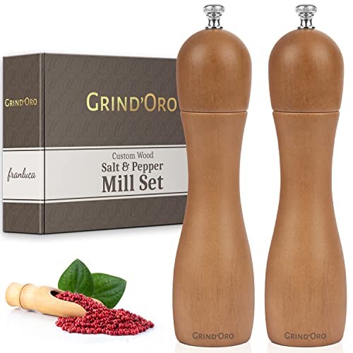 Grind'oro Wood Salt And Pepper Grinder Set | Wooden Pepper Grinder Mill, Adjustable Refillable Wooden Salt And Pepper Grinder Set | Ceramic & Carbon Steel Salt And Pepper Grinder Wood [Perugia T-8] #TOP16