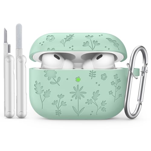 MoKo for AirPods Pro 3 Case Cover with Cleaner Kit, Cute Flower Engraved Case for Apple AirPods Pro 3rd Gen 2025, Silicone Protective Shockproof Cover with Keychain, Matcha Green