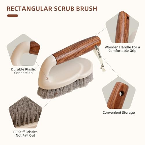 Image of 4-Pack Heavy Duty Scrub Brushes Set with Wooden Handles, Triangle & Square Floor Scrubber, Dish Brush, Grout Cleaner for Kitchen, Bathroom, Tile, Carpet & Stubborn Stains Removal