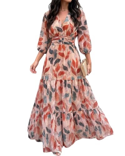 CHICME Women’s Summer Boho Maxi Dress V Neck 3/4 Puff Sleeve Floral Flowy Wedding Guest Vacation Beach Long Dress-mu-XL