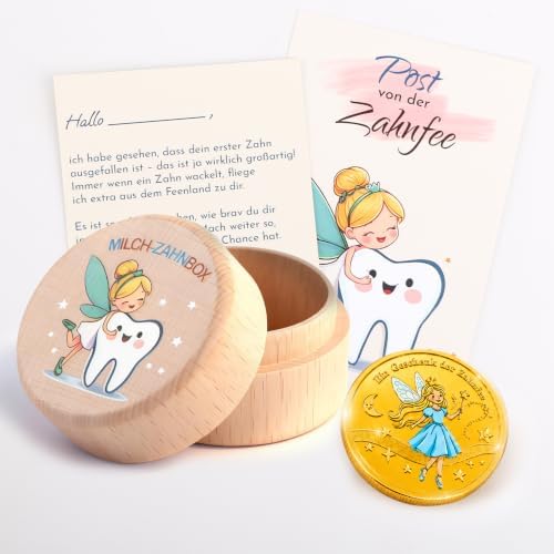 Gzxhsy Zahndose Milchzähne für Mädchen und Jungen | Zahnfee Geschenk mit Milchzahndose, Brief, Münzen | Geschenk zur Taufe, zum Geburtstag oder für neue Eltern (A5-Zahnfee)
