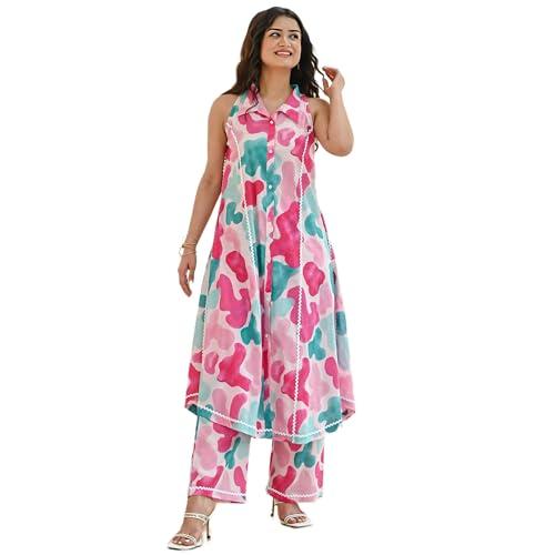Image of Sidhidata Women's Rayon Blend Geomatric Printed Anarkali Kurta Pant Set |Summer Suit (AK Clouds)