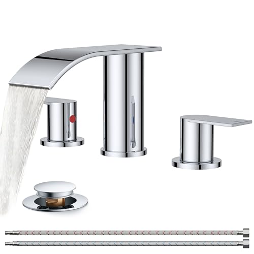 FORIOUS Upgrade Chrome Waterfall Bathroom Faucets 3 Hole, 8 Inch