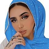 Piewag Hijab Scarf for Women Soft Chiffon Rhinestone Long Scarf Shawl Fashion Muslim Hijab Head Wrap Scarves Sky Blue