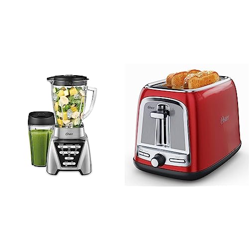 Image of Oster Blender | Pro 1200 with Glass Jar, 24-Ounce Smoothie Cup, Brushed Nickel & 2-Slice Toaster with Advanced Toast Technology, Candy Apple Red