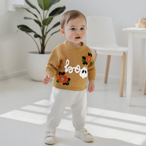 Baby Boy Girl Halloween Outfit Pumpkin Knit Sweater Ghost Embroidery Knitwear Toddler Halloween Fall Clothes3