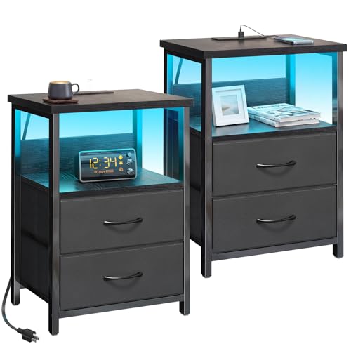 Image of Fixwal Nightstand Set of 2 Night Stand with Charging Station, LED Nightstand with Fabric Drawers, End Table with PU Finish, Bed Side Table, Black