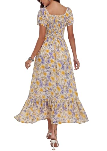 Image of Summer Smocked Boho Maxi Dress for Women 2026 Short Sleeve Floral Smocked Flowy Ruffled Beach Vacation Dresses Lightweight
