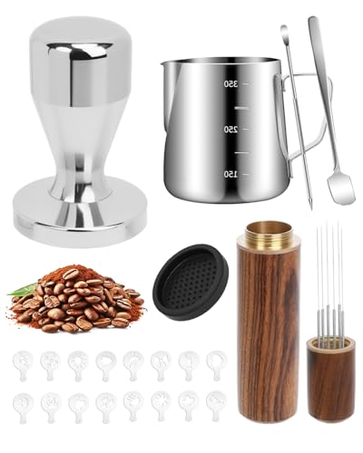 Haliya Kaffee Tamper 51mm Set, 22pcs Barista Zubehör Set mit WDT Tool, 350ml Milchkännchen mit Skala, Latte Art Stift & Löffel, Tampermatte, 16 Schablonen– Espresso Kaffee Set