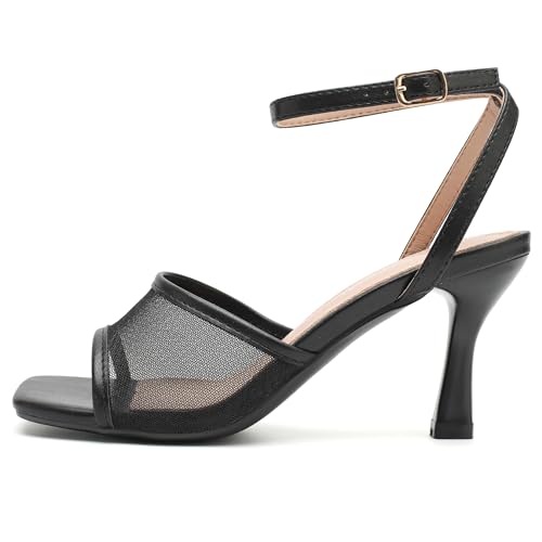 MAIERNISI JESSI Womens Mesh Kitten Heel Sandals Square Open Toe Buckle Ankle Strap Summer Dressy Shoes4