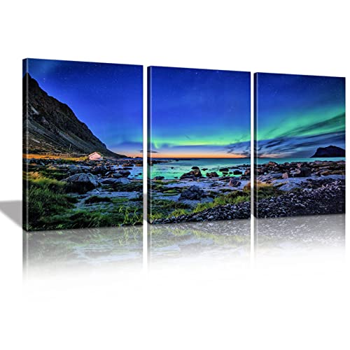 KAWAHONE Northern Lights Canvas Wall Art, Blue Sky Reef Mountain Landscape Poster Framed, Canvas Painting Printing Picture for Home Office Bedroom Bathroom,12" x 16" x 3 PCS