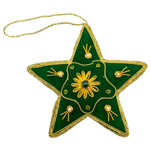 Zari Star Christmas Ornaments, Set Of 2, Red & Green, Zardozi Embroidery, Gift Bag #TOP3
