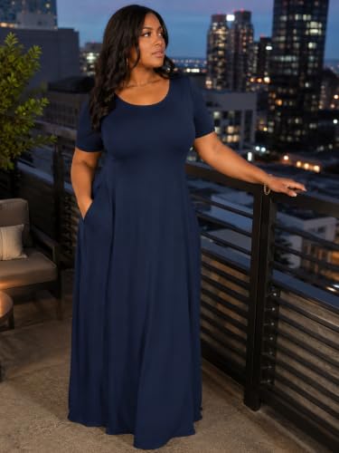 Image of PinkPatty Women's Plus Size Maxi Dresses Short Sleeve Sundress Summer T-Shirt Beach Long Dress with Pockets