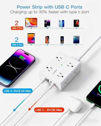 Image of One Beat Surge Protector Power Strip, 6 Ft Ultra Thin Flat Extension Cord with 8 Outlets 4 USB Ports(2 USB C), Flat Plug Power Strip, Braided Power Strip for Home, Office, Dorm Room Essentials