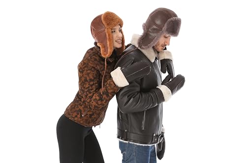 Image of Leather Aviator Shearling Ushanka Trapper Hat Russian Sheepskin Cap Real Fur Winter Hat with Ear Flaps for Men Women