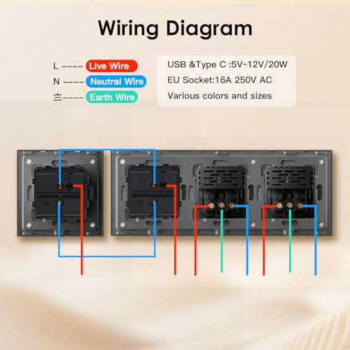 BSEED Lichtschalter mit Steckdose, Doppel Schuko Unterputz Steckdose mit USB C 20W Schnellladegerät USB Type C, 1 Fach 2 Weg Taste Schalter, Wandschalter mit Glas Rahmen Geeignet für Phone, Pad-Grau