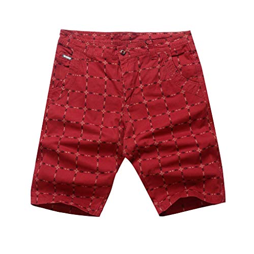 Men's Summer Plaid Shorts Plaid Print Elastic Waist Short Pants Drawstring Shorts Relaxed Fit Trunks Red #TOP2