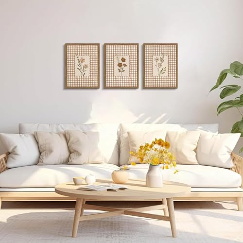 Framed Vintage Floral Wall Art Set of 3, Neutral Wildflower Botanical Canvas Wall Decor Paintings, Cottagecore Gingham Flower Posters Prints Pictures for Living Room Bedroom Bathroom 12x16 Inch by WLHARTT - Used condition - Image 2