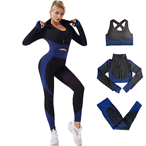 Veriliss 3 Piezas Mujer Yoga Traje Entrenamiento Para, Gym Mallas de Yoga Sin Costuras y Sujetador Deportivo Elástico Ropa de Gimnasio