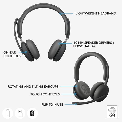 Image of Logitech Zone 950 Premium Noise Canceling Headset with Hybrid ANC, Bluetooth, USB-C, USB-A, Certified for Zoom, Google Meet, Google Voice, and Fast Pair - Graphite