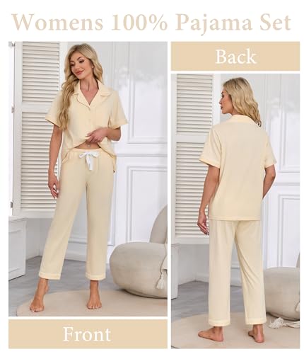 Image of CF Womens 100% Cotton Pajamas Set Button Down Pjs Sets Short Sleeve Top & Long Pants Sleepwear Comfy Loungewear with Pockets