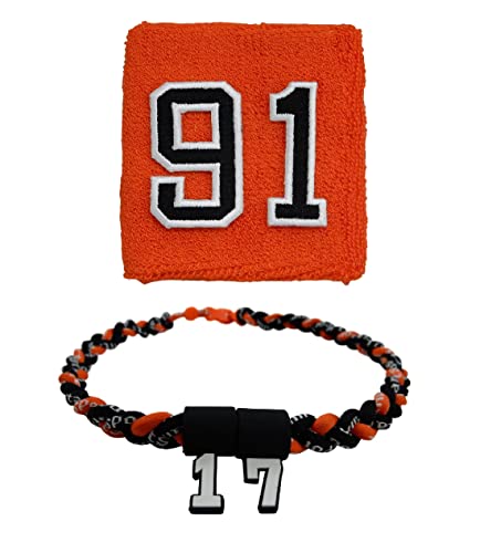 Sports Farm - Customized Sport Wristband and Necklace Combo Set with Jersey Number - Orange (Orange Black)
