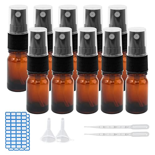 10 Stück Sprühflasche 5ml Glas Zerstäuber, Braunglasflaschen mit Schwarzer Zerstäuber Inkl. Etikett Tropfer Kleiner Trichter für Ätherisches Öle Kosmetik Apotheker Reinigung Aromatherapie (5ml) Cover