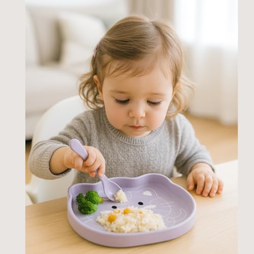 Image of TIGGY & BONNET Cat 2 Pcs Silicone Baby Feeding Set for Baby Bpa-Free | Microwave Safe, Anti-Slip Base | Tableware Kit for Babies & Toddlers with Suction Plate & Spoon