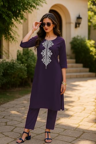 Image of SHIENZY Women's Cotton Blend Emroidered Kurta Pant Set | Ethnic Wear for Festive & Casual | Stylish Straight Fit | Elegant Indian Outfit (1662)