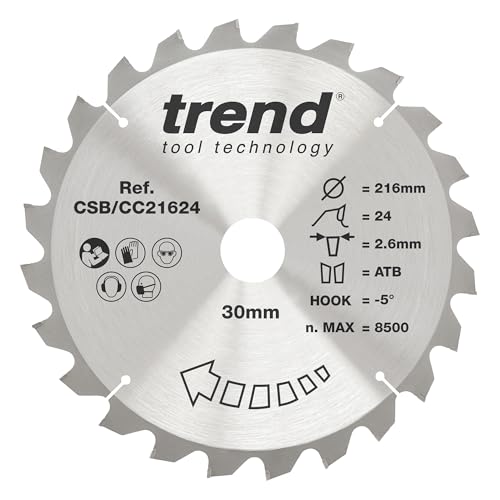 Trend Wood Mitre Saw Blade, 216mm Diameter, 30mm Bore, 24 Teeth, 2.6mm Kerf, -5° Hook, TCT, Coarse Finish, CSB/CC21624