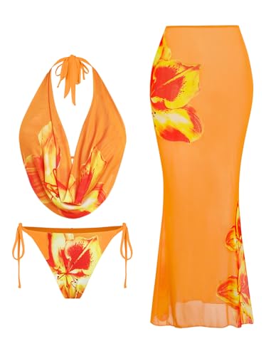 Image of ZAFUL Women's 3 Piece Floral Swimsuit Draped Neck Halter Bikini Tie Side Bathing Suit with Sheer Cover Up Skirt
