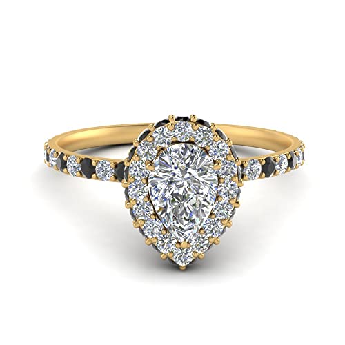 Image of Choose Your Gemstone Pave Rollover Pear Halo Engagement Ring Yellow Gold Plated Pear Shape Halo Engagement Rings Matching Jewelry Wedding Jewelry Easy to Wear Gifts US Size 4 to 12