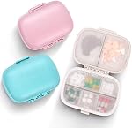 3 Pack Travel Pill Organizer with 8 Compartments Moisture Proof Small Pill Box for Pocket Purse Daily Pill Case Portable Medicine Vitamin Holder Container Medicine Storage(Pink/Blue/Beige)