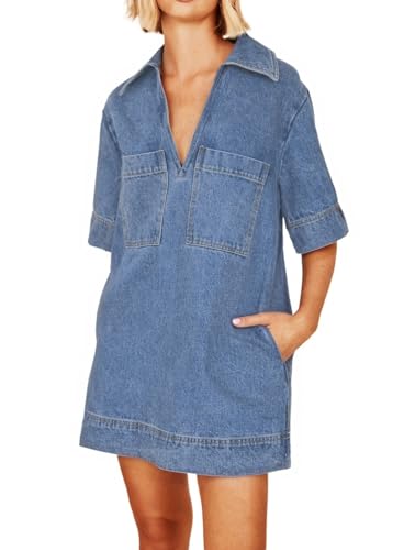 Women Denim Dress Summer Deep V Neck Short Sleeve Casual Loose Collared Shift Mini Jean Dress with Pockets