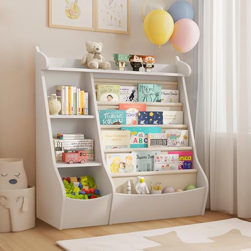 Image of FKWin White Kids Bookshelf with 4 Layer Sling Bookcase,Deer Design Toddler Book Shelf for Kids Rooms Montessori Toy Storage with Adjustable Shelves