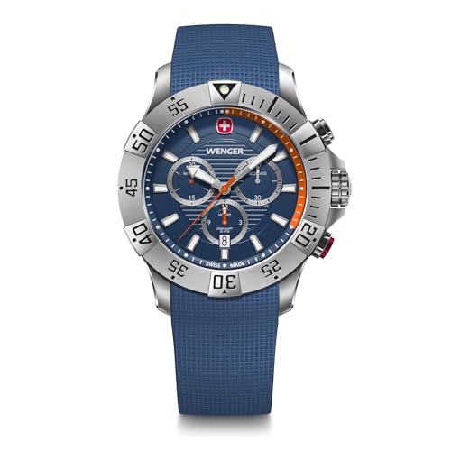 Wenger Reloj de Hombre Seaforce Chrono Analógico Quarz, Chronograph, Ø 43 mm, Swiss Made, Resistente al Agua hasta 200 m, Naranja/Azul, Correa de Silicona Azul, 01.0643.124