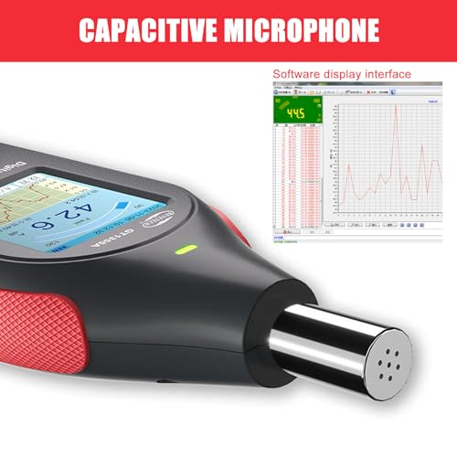 Schallpegelmessgerät Dezibelmesser mit Datenlogger, 43.000 Datensätzen, A/C-Frequenzbewertung, Echtzeit-Sampling, USB/PC-Anschluss, Wiederaufladbar mit Alarm für präzise Geräuschmessung