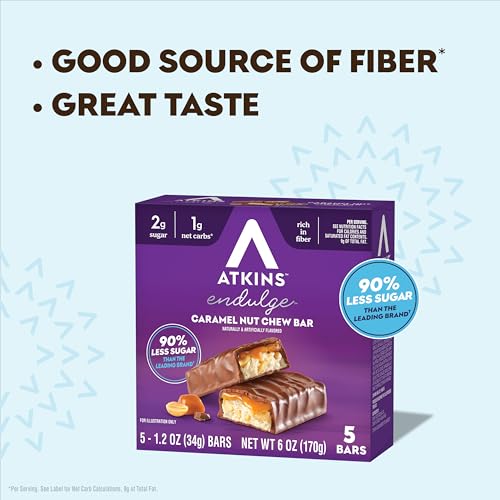 Image of Atkins Endulge Caramel Nut Chew Bar, Dessert Favorite, 1g Sugar, Good Source of Fiber, 5 Count