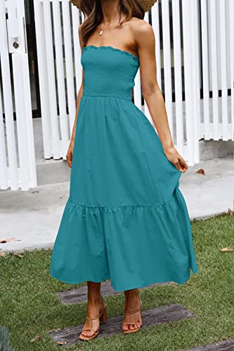 Image of ZESICA Women's Summer Boho Strapless Maxi Dress 2026 Casual Off Shoulder Smocked Flowy A Line Beach Holiday Long Dresses