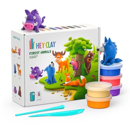 Hey Clay Juego de animales del bosque, modelado colorido para niños, kit de arcilla seca al aire, 15 latas y herramientas de escultura con divertida aplicación de instrucciones interactivas