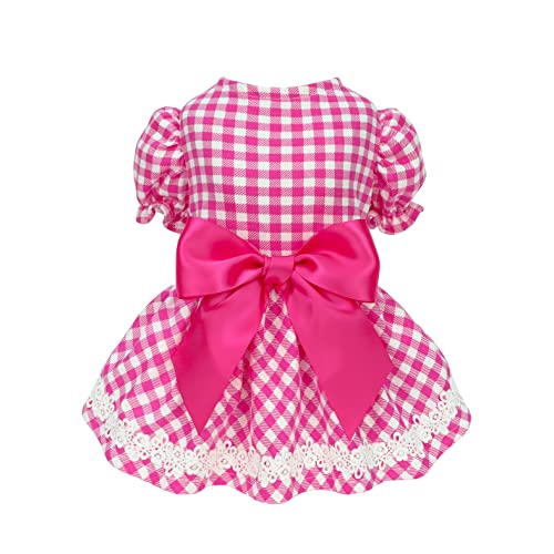 Fitwarm Gingham Dog Dress with Puff Sleeve, Plaid Summer Dog Clothes for Small Dogs Girl, Pet Cat Outfit, Hot Pink, Size Medium