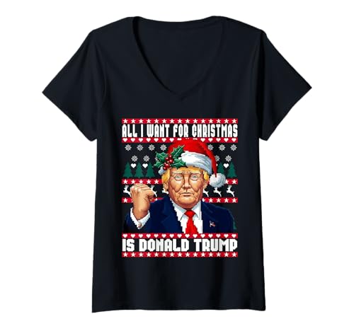 Donna All I Want Christmas is Donald Trump Ugly Sweater Maglietta con Collo a V