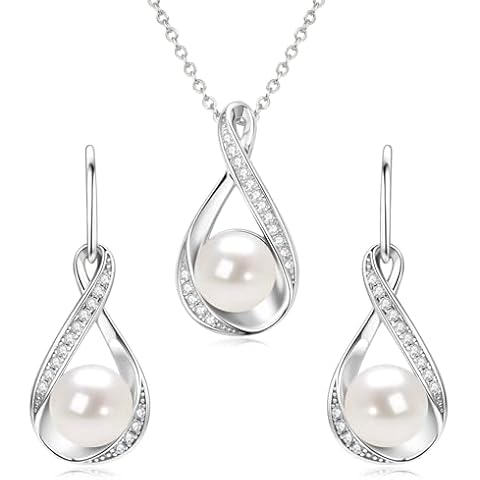 DENGGUANG Sterling Silver Pearl Jewelry Set with Moissanite, Real Freshwater Pearl Earrings Necklace for Women, Wedding Jewelry for Brides Bridesmaid, Mother's Day Cover