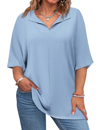 CARCOS Women's Plus Size Tie Dye Tops - Short Sleeve V-Neck Tunics In Navy Blue, Loose Fit Summer Blouse - View #5