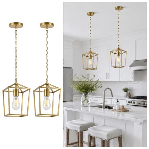 Image of Phaosio Gold Pendant Lights Kitchen Island, Modern Farmhouse Light Fixture | Metal Cage Pendant Light Fixture, Adjustable Height, Sloped Ceiling, Kitchen Lighting for Dining Room, Entryway, Foyer,2 Pack