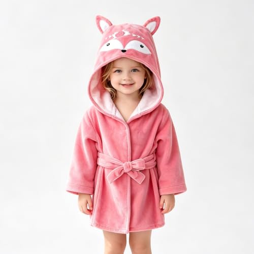 Image of Fox Baby Girl Bathrobes Cute Girl's Robe With Hood Pink Towel For Girls Soft Hooded Ultra Absorbent (Pink Fox)