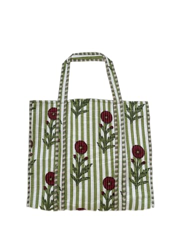 Image of Quilted Cotton Handprinted Reversible Large multicolor Floral Tote Bag,Hand Block Print Shopping Shoulder Carry Bag